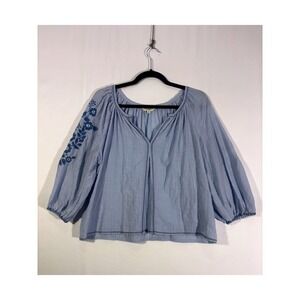 Boho Floral Max Studio London Embroidered Peasant Blouse Womens Small Blue